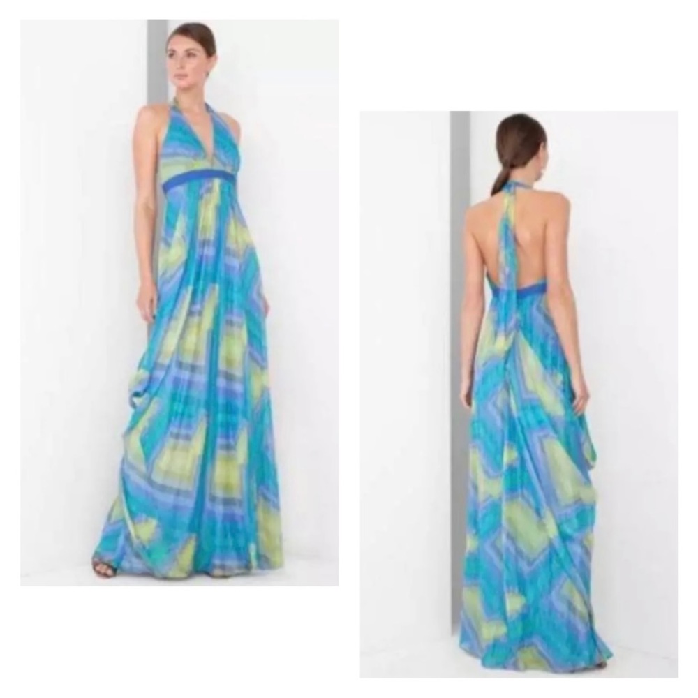 Silk NWOT BCBGMaxAzria Blue and Green halter Maxi Dress - Picture 4 of 12